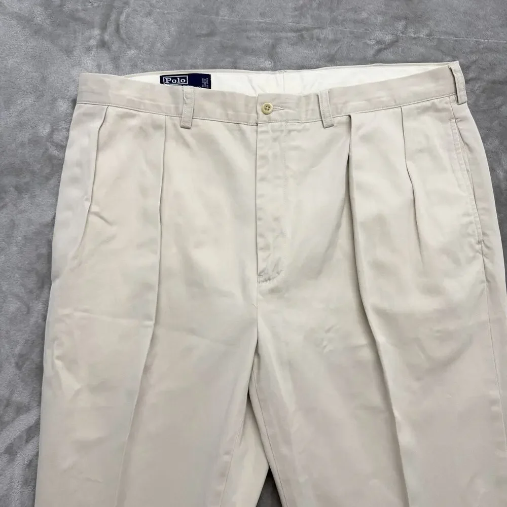 Vintage Polo Ralph Lauren Andrew Pants 40x30 Khaki Pleated Cotton Chino Trousers